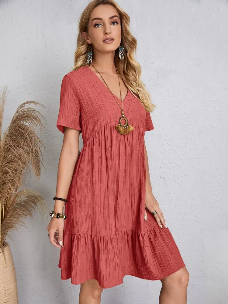 Elegant V Neck Ruffle Mini Dress - Womens Casual Summer Sundress