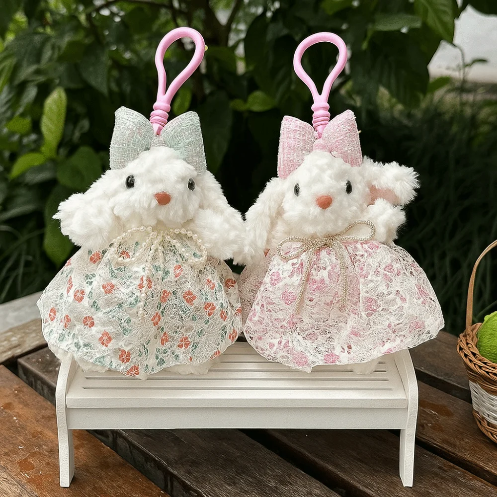 Princess Pearl Dress Bow Rabbit Keychain Stuffed Cartoon Rabbit Doll Keyring Soft Kawaii Drooping Ear Rabbit Pendant