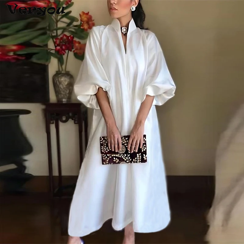 

2023 New Elegant Maxi Dresses For Women Casual V Neck Long Sleeve White Party Dress Women Casual Half Sleeve Loose Long Dress