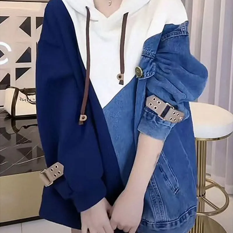 

Female Clothing Denim Patchwork Hooded Sweatshirts Stylish Autumn Winter Korean Casual Loose Contrasting Colors Pockets Tops