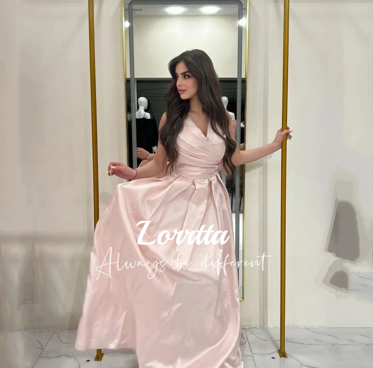 

Lorrtta Light Pink Satin Saudi Arabia V-neck Wedding Dress Ankle Length Prom Dresses Party Evening Special Occasion Weddings