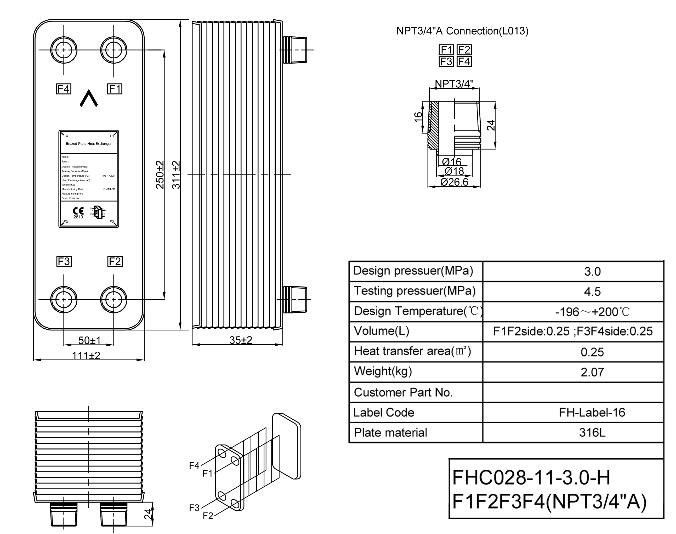 11 Plates 0.25m2 Brazed Plate Heat Exchanger, 316L Stainless Steel Heat Exchanger