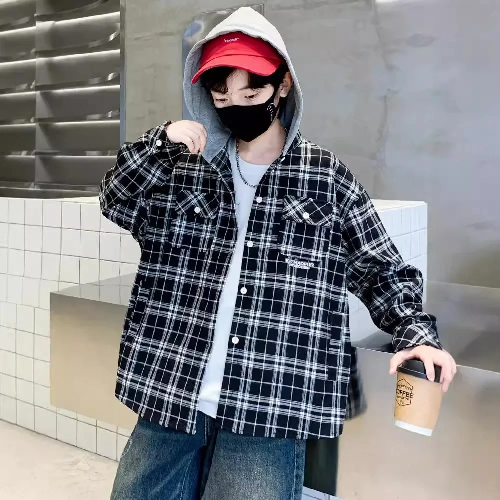 Loose Plaid Hooded Shirt for Boys Mid-to-Big Children Spring Autumn Fashionable Casual Top Hot Sale Of The Season