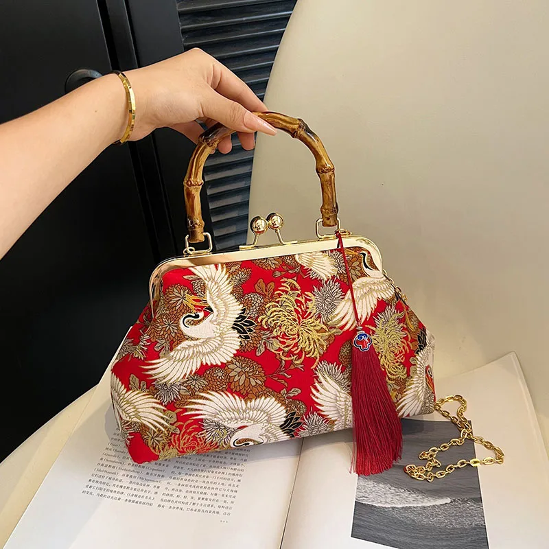 Women's Vintage Embroidery Crossbody Shoulder Bags Luxury Clip Mini Evening Bag Fashion Bamboo Handbag Satchel