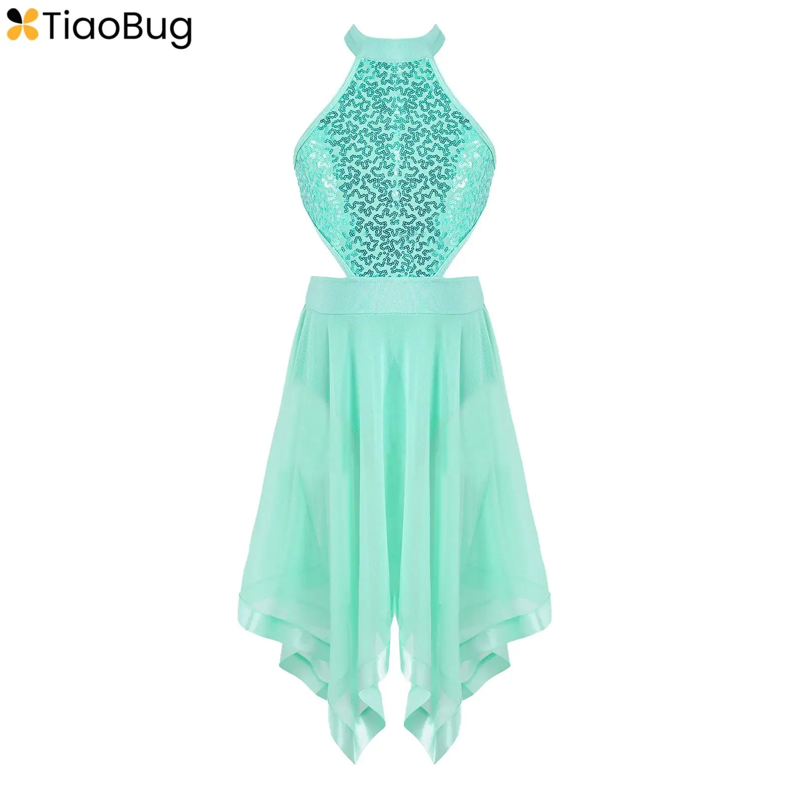 

Kids Girls Sequins Ballet Lyrical Dance Dress Halter Irregular Skirts Leotard Ballerina Latin Jazz Modern Costume Dancewear