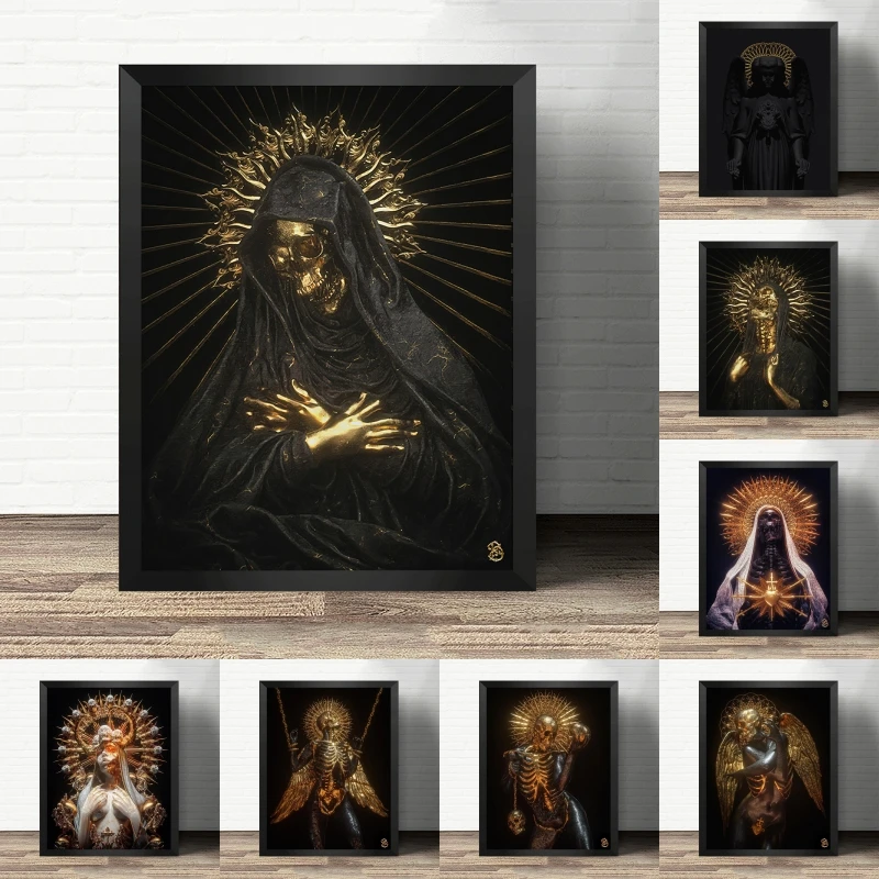 Black Golden Skull Angel Figure Art Canvas Painting Dark Gothic Poster Immagini Wall Art Paintings For Living Room Home Decor