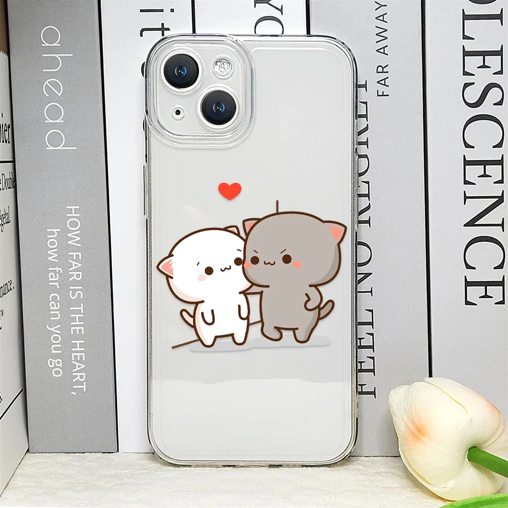 Cartoon Peach Mochi Cat Couple Transparent Soft Phone Case