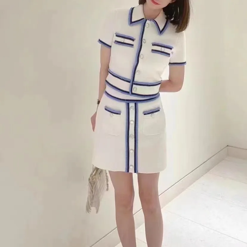 

Female Splices Knit Set Turn-Down Collar Short Sleeve Short Jacket or A-Line Casual Skirt Single Breasted Suit Spring New 2024
