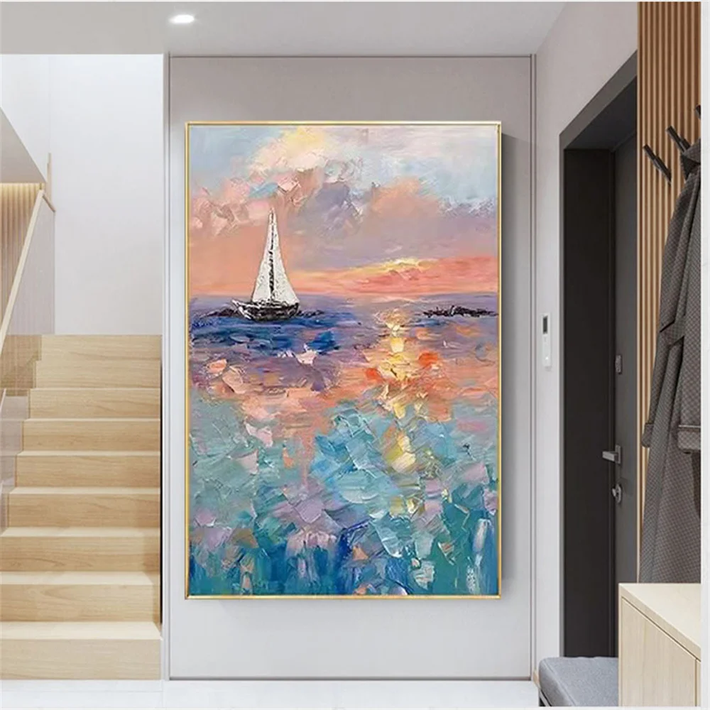 

Pure Hand-Painted-Boat Oil Painting Seashore Scenery Sunrise Sunset Modern Abstract Wall Boat Art Living Room Home Porch