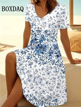 Vintage Summer Dress Women's V-Neck Flowers Printed Casual Beach Vacation Short-Sleeved Dress Loose Women Plus Size Dresses 6XL 1