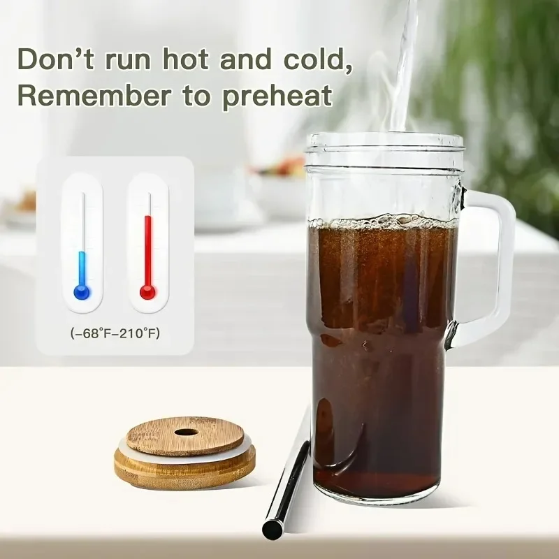 Description Picture 6 of item24OZ Glass Cup With Wooden Lid Straw Transparent Pearl Milk Juice Milk Thickened Glass Cup Breakfast Cup Drinkware Coffee Mug