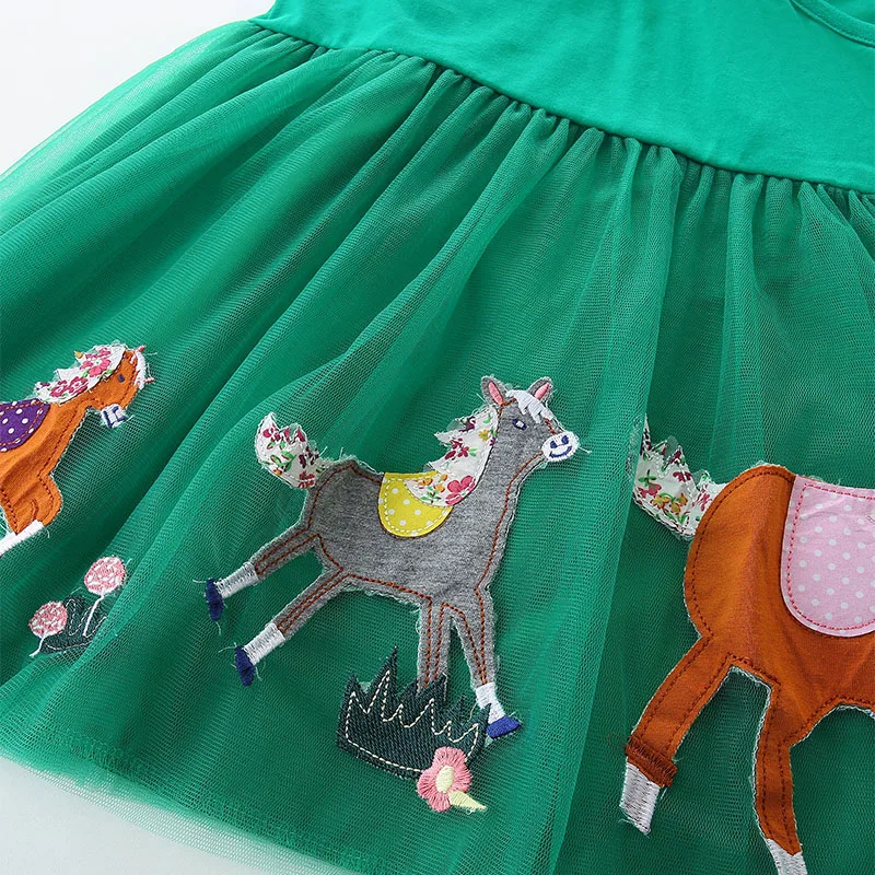 New Summer Princess Green Clothing for Baby Girls Cotton Kids Clothes Cartoon Embroidery Unicorn Mesh Dresses