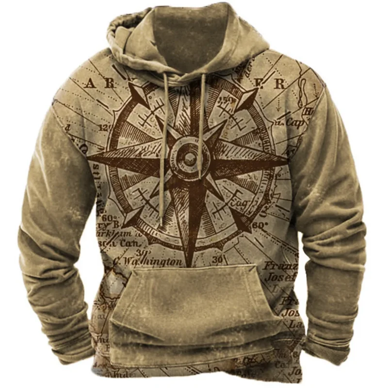 

Vintage Men's Hooded Sweatshirts Compass Print Harajuku Hoodies Men Clothing Autumn Oversized Pullovers Male Daily Streetwear