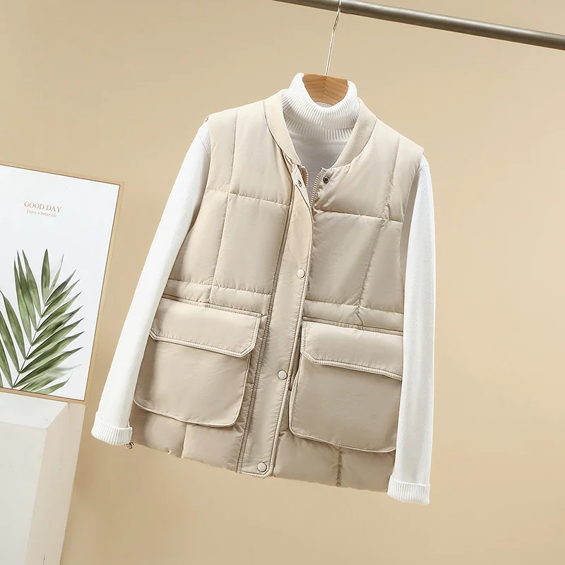 

#0472 Baseball Vest Waistcoat Women Slim Warm Sleeveless Jacket Female Pockets Korean Style Short Vest Coat Ladies Outerwear