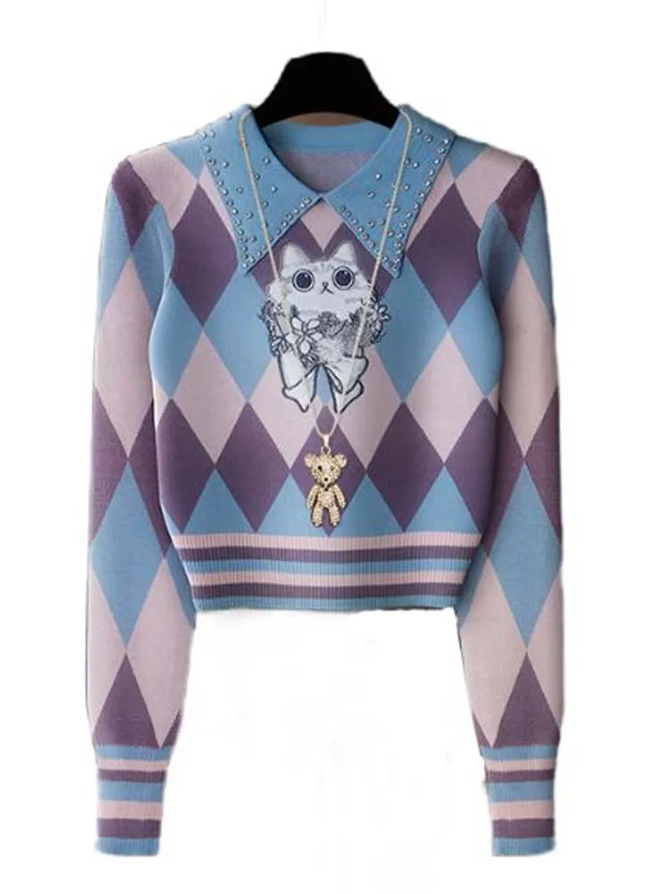 

Vintage Diamond Embroidery Knitted Polo Collar Long Sleeve Sweater 2023 Autumn New Fashion Women'S Clothing