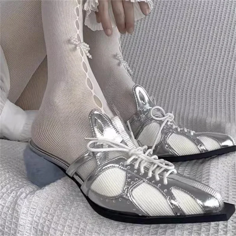 

Crossover Strap Shoes for Ladies Mixed Colors Mules Lace-up Churry Mid Heels Square Toes Slippers Butterfly-knot Chaussure Femme
