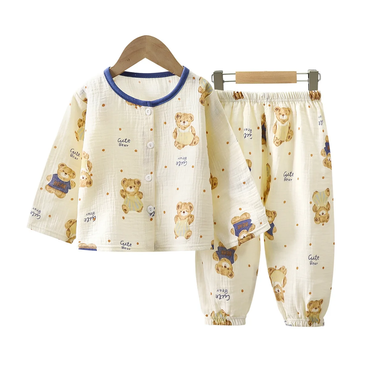 2Pcs Girls Summer Cotton Gauze Thin Pajamas Home Wear Cartoon Floral Print Long Sleeve Lace Trimmed Sleepwear Baby  Clothing Set