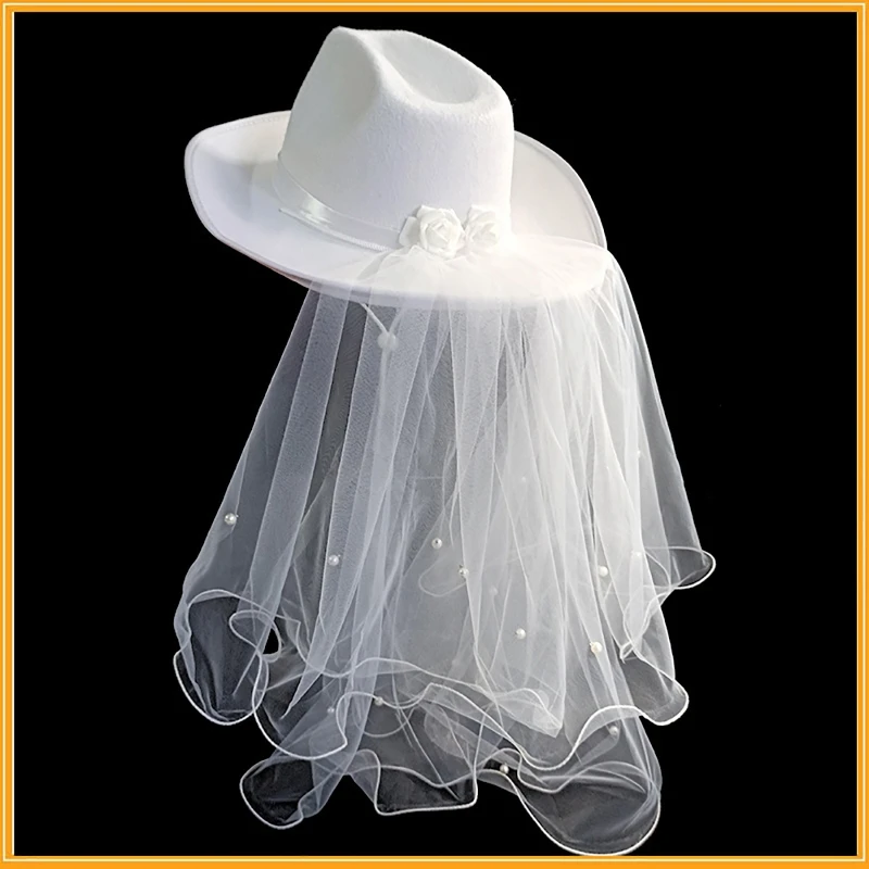 

White Elegant Cowgirl Hat with Veil Bride Wedding Photo Costume Props Summer Outdoor Women Hat Western Cowboy Caps