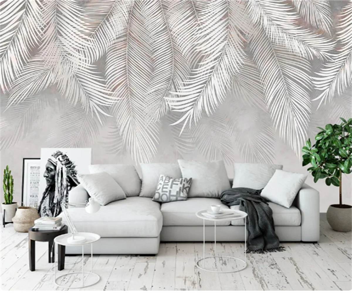 Customized Size Mural Living Room Sofa TV Background Plants Leaves Decoration Painting Grey Cream Caramel Leaves wallpaper