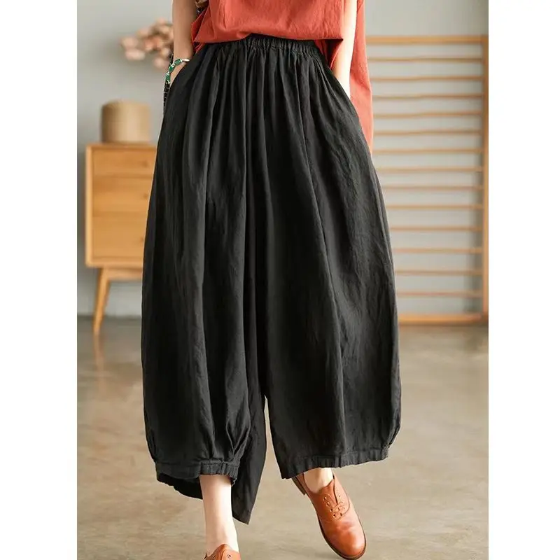 2024 New Summer Loose Oversize Casual Versatile High Waisted Slimming Retro Artistic Solid Color Linen Lantern Pants for Women