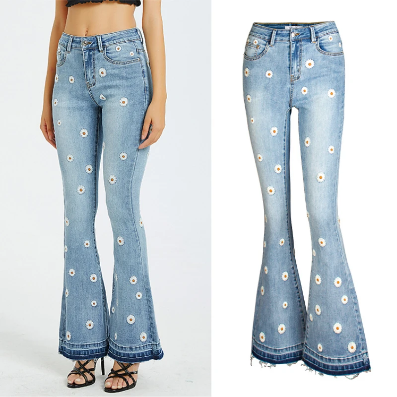 Fashion Light Blue Daisy Embroidery Women Wide Leg Pants Cotton Mid