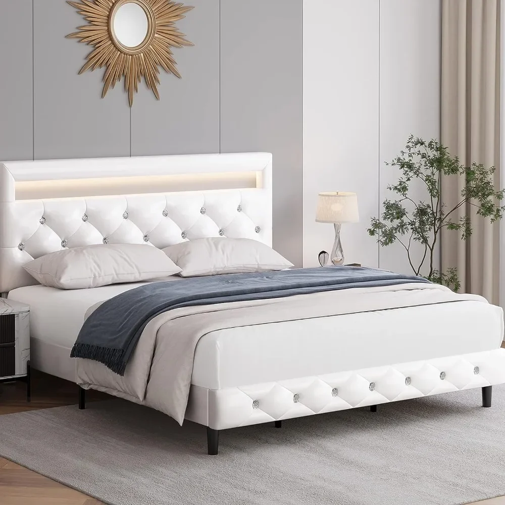 

Upholstered Full Size Platform Bed, with LED Lights, Adjustable Tufted Headboard, Wood Slats - White