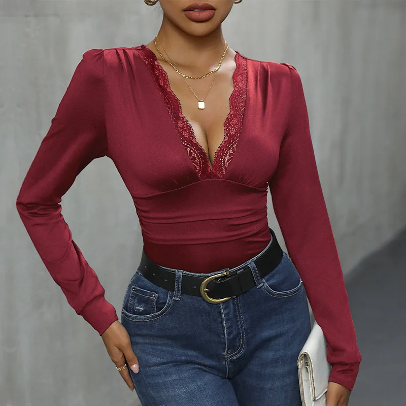 Spring Long Sleeved Lace Patchwork V-neck 2024 Women Temperament Fashion Solid Color Slim Multicolor Sexy All-match Jumpsuits