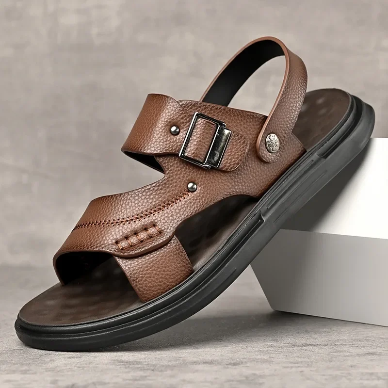 Soft Leather Sandals Men's Summer Outdoor Beach Shoes Middle-Aged Dad Slippers Home Direct Shoe Breathable Slip-On Sandals