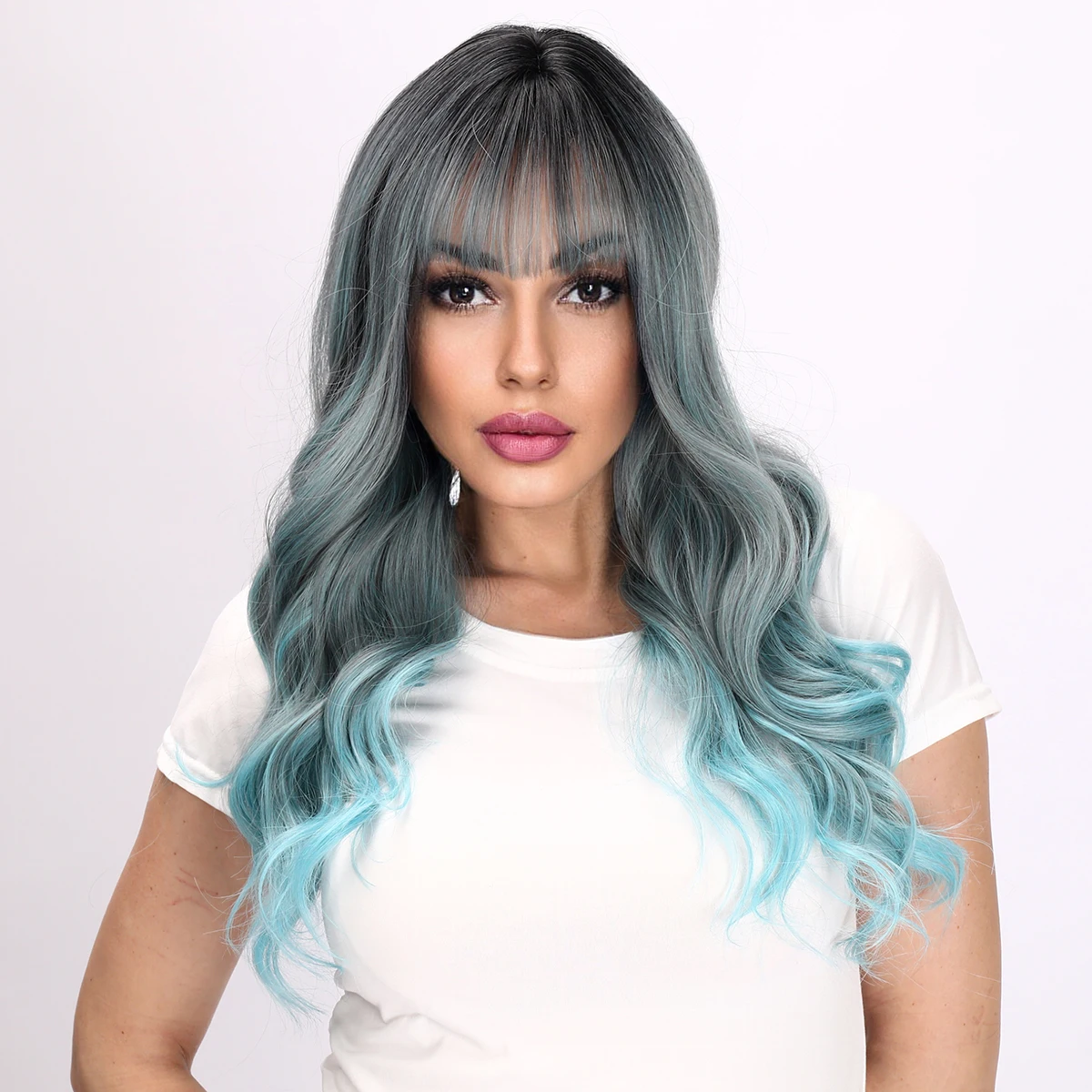 

Smilco Omber Blue Curly Synthetic Wigs For Women Long Natural Wavy Wigs With Flat Bangs Fake Hair Daily Party Heat Resistant Wig