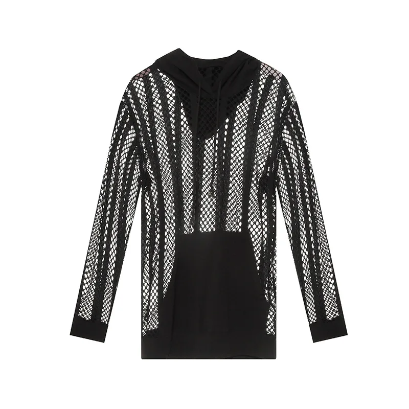 AIEOE Heren Fishnet Capuchon Sweatshirt Mesh Fishnet Hoodie Transparant Lange Mouw Ademende Capuchon Sweatshirt Mesh Top Holle Sweatshirt, Zwart, XXL