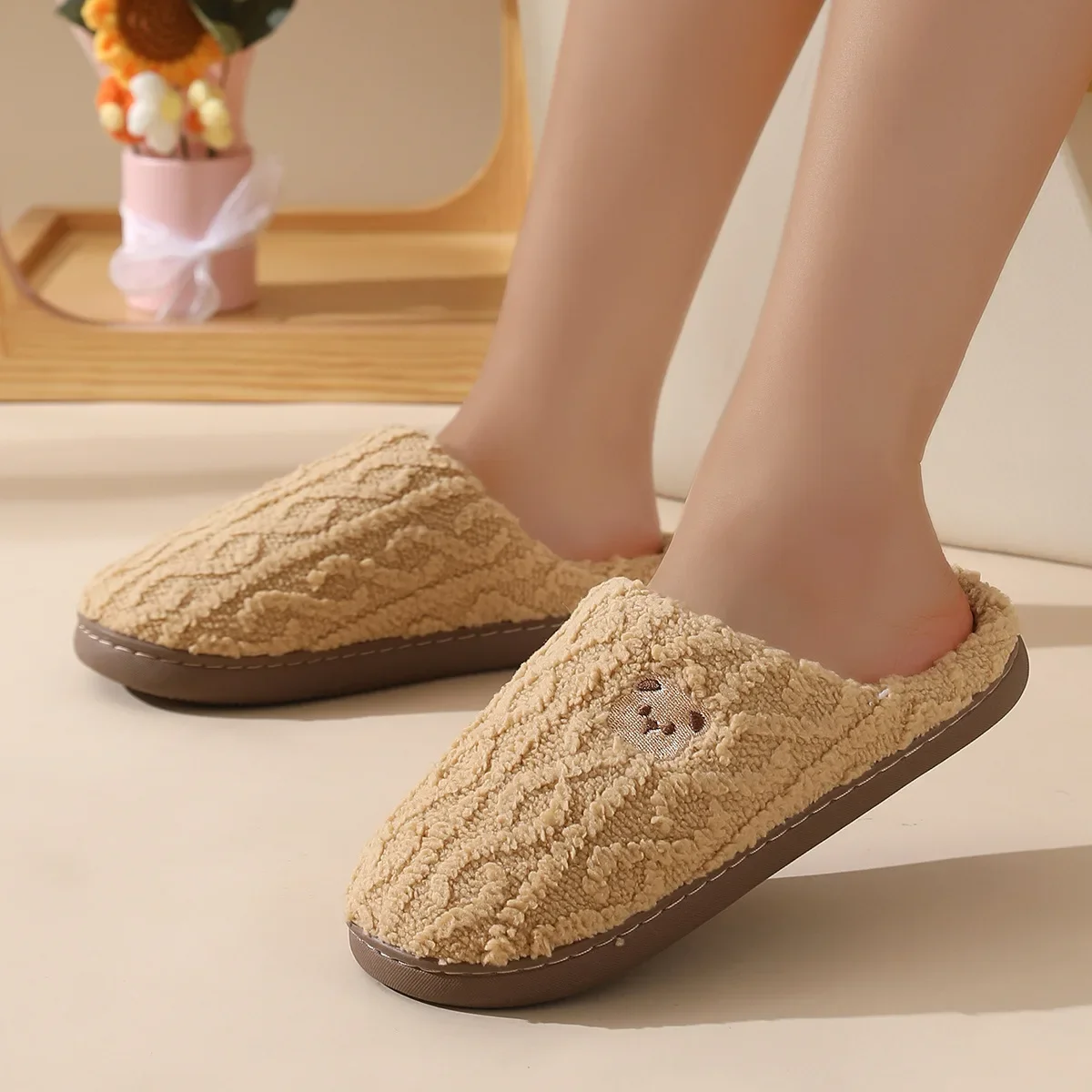 Cute Bear Embroidery House Slippers for Women Comfy Soft Sole Warm Home Plush Shoes Woman Autumn Winter Non Slip Cotton Slippers