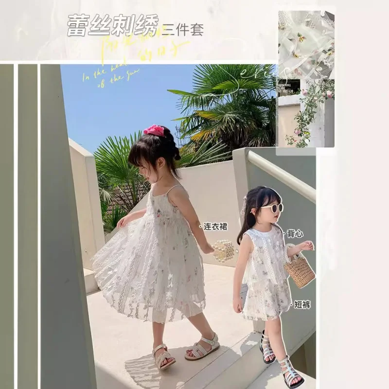 

Children's Clothing New Girls' Summer Flower Lace Embroidery Suit Princess Strap DressWS