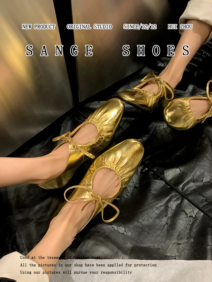 Unique design of European and American lace up leather round toe Mary Jane 2024 new flat bottom pleated single shoes