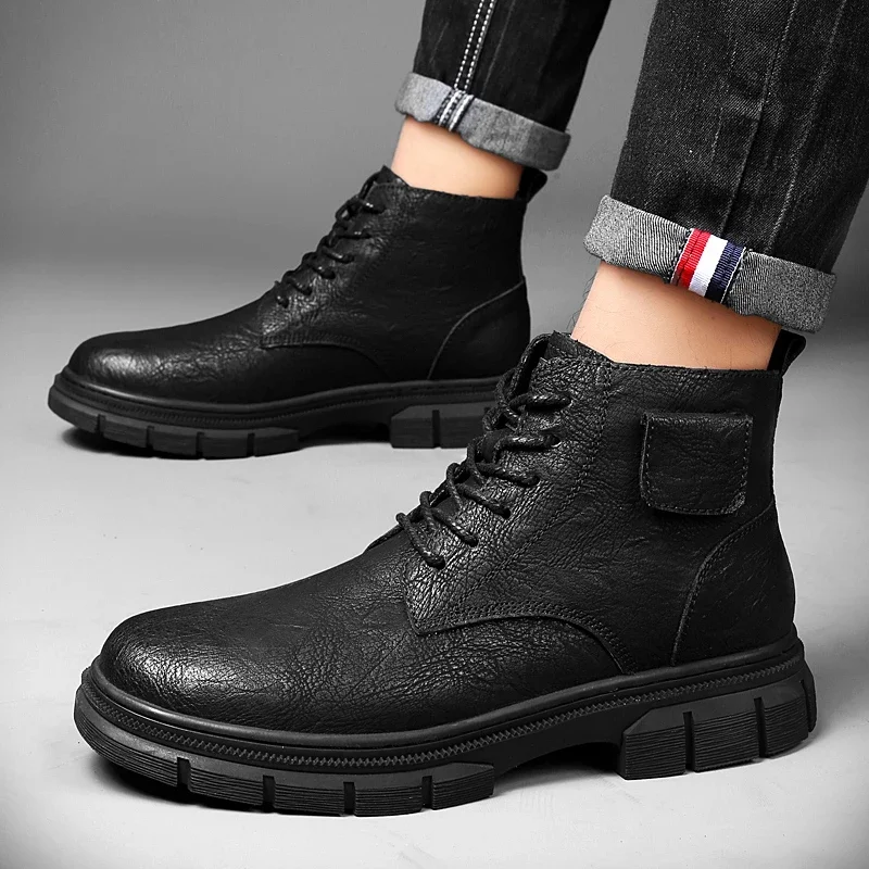 

2023 High Quality Men Shoes Lace Up Men's Boots Winter Round Toe Solid Concise Short Barrel Chunky Heels Large Size Naked Boots