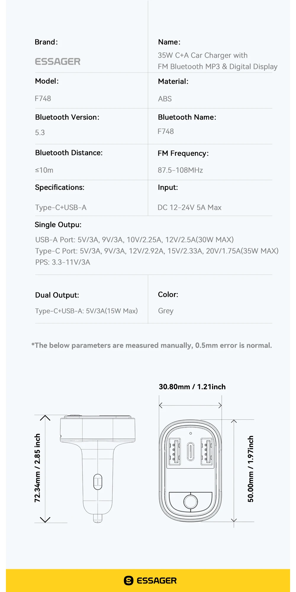 FM Bluetooth5.3 Transmitter 35W USB Type-C Dual Ports PD QC Car Charger Aux Radi