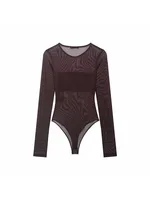 Women Sexy Mesh See Through Bodysuit Women Long Sleeve Sheer Bodysuits O Neck Bodycon Jumpsuit Female Romper - Image 5