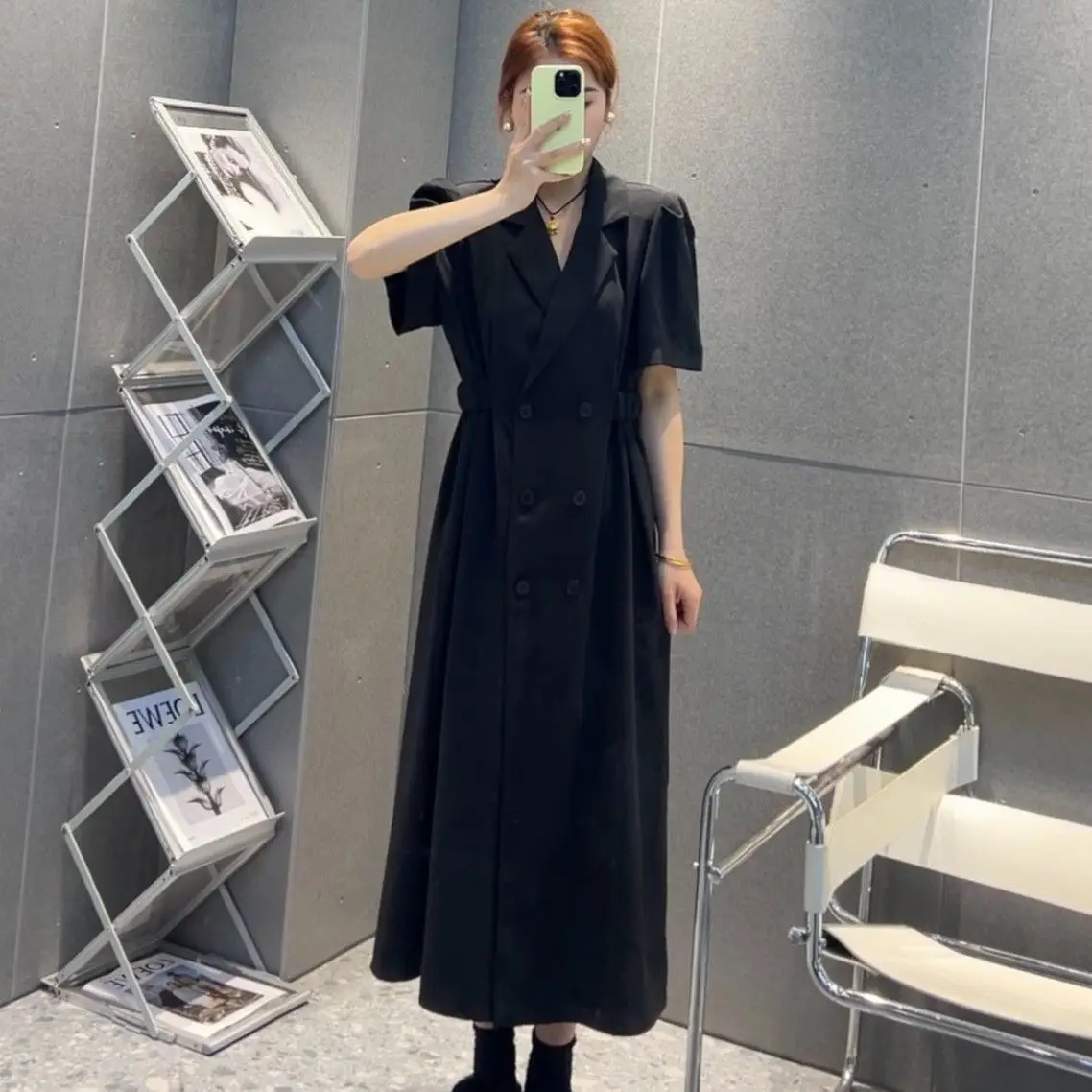 Suit Dresses for Women Tops Short Sleeve Office Lady Dresses Long Windbreaker Coat Jackets Trench Oversized Outerwear Overcoat