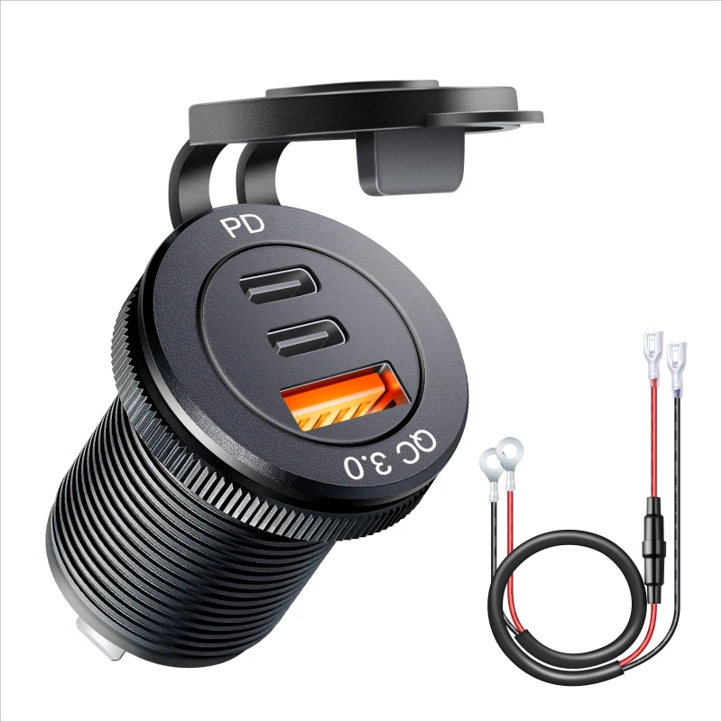 PD Type-C USB Car Charger Socket - 3 Ports (18W PD + USB) - For Truck, ATV, Boat - 12-24V
