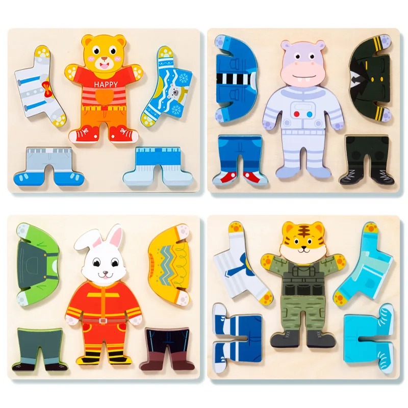 

NEW Wooden Montessori Toys Animal Puzzle 3D Dressing Toy Kids Educational Puzzle Cognitive Learning Game Set Gift for Kids