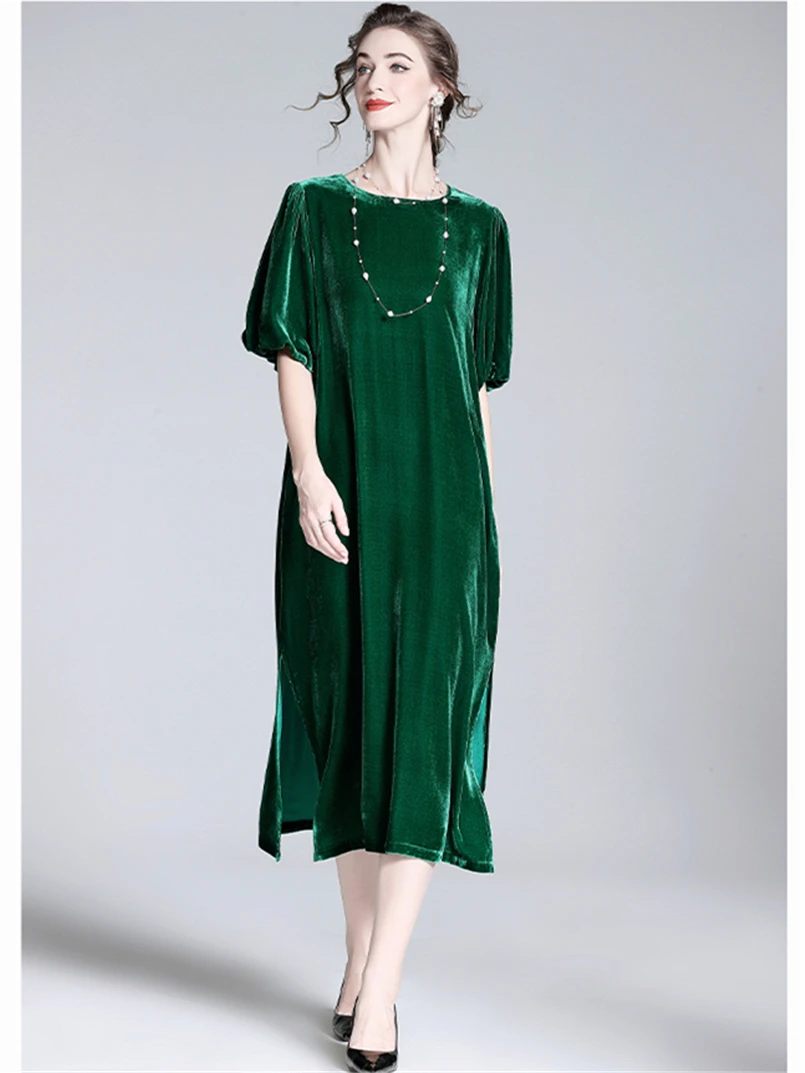 Velvet Vintage Women Casual Long Dress Oversized O-Neck Lantern Half Sleeves Loose Dress Evening Party Vestidos Dress Side Split