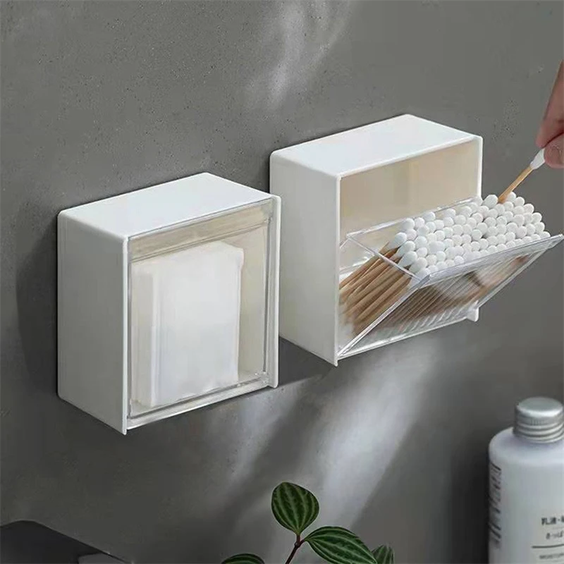 1pc Wall Mounted Cotton Pad Storage Boxes Dustproof Bathroom Organizer For Cotton Swabs Makeup Adhesive Jewelry Holder Box 2