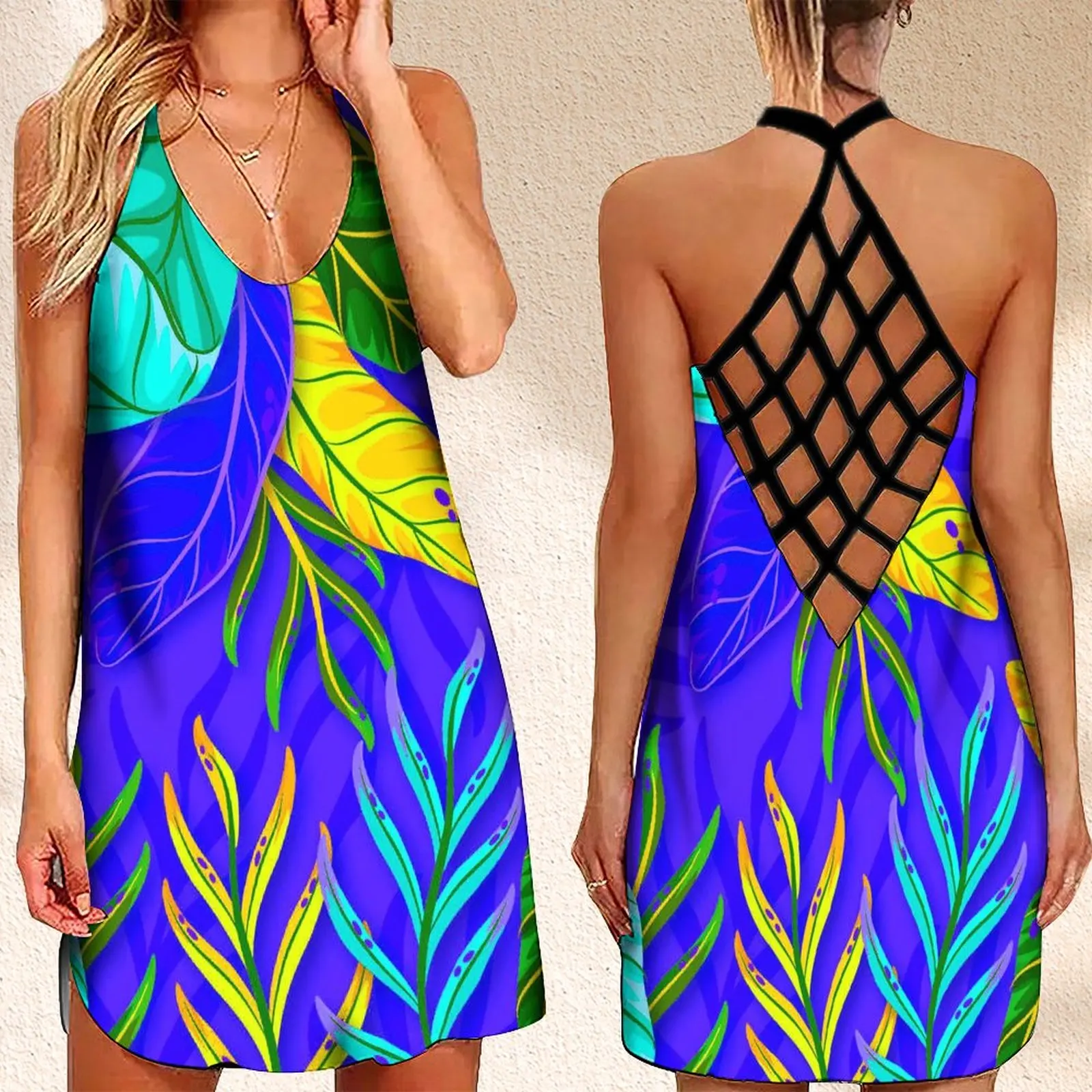 

Summer Women's Criss Cross Backless Sleeveless Dress ElegantElegant Casual Women's Dresses Doodle LeavesPrint Women's Sundress