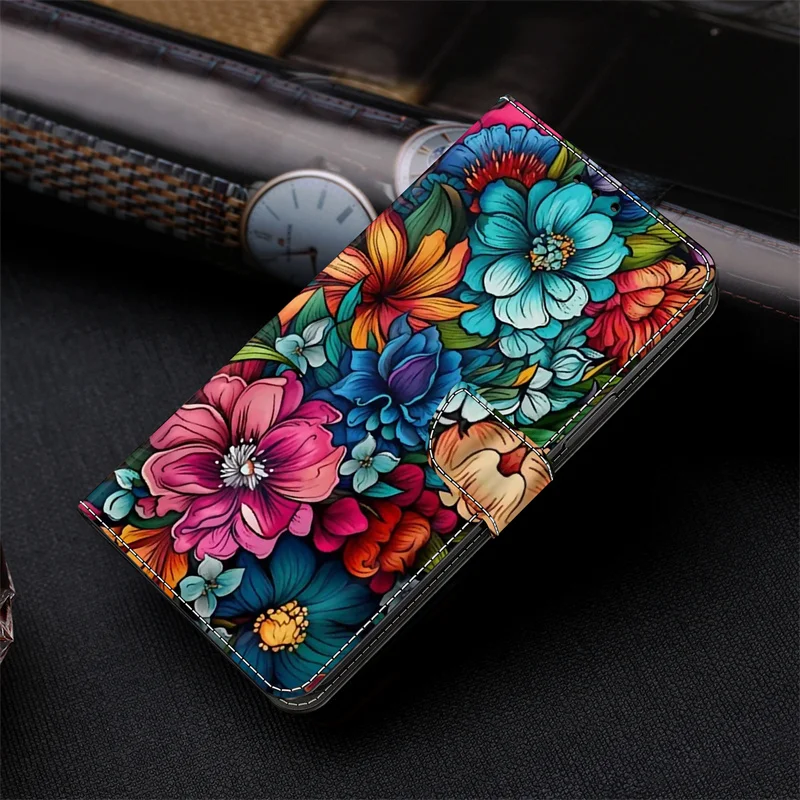 3D Flower Painted Leather Wallet Phone Case with Card Slot