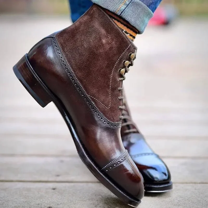 Leather Boots Mens Leather Boots Motorcycle Leather Boots Men Short Brown Bullock Flock Lace-up Square Toe Business Ankle Shoes