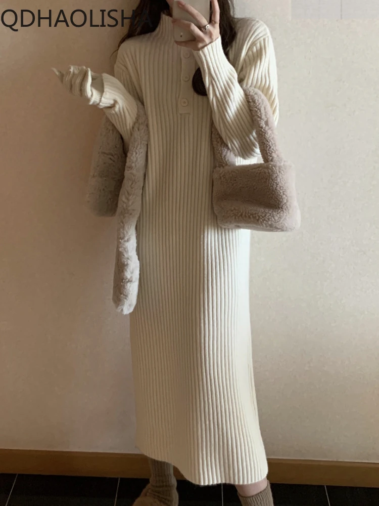 

Womens Dresses Korean Version Standing High Collar Knitted Autumn Winter 2023 New In Long Sleeved Loose Fashion Sweater Skirt