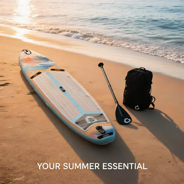 Inflatable Stand Up Paddle Board With Stable Non-Slip EVA Deck Gradient Light Wood Grain Design Tri-Fin System High Weight Capacity And Complete Kit Including Paddle Backpack Pump For Family Water Sports