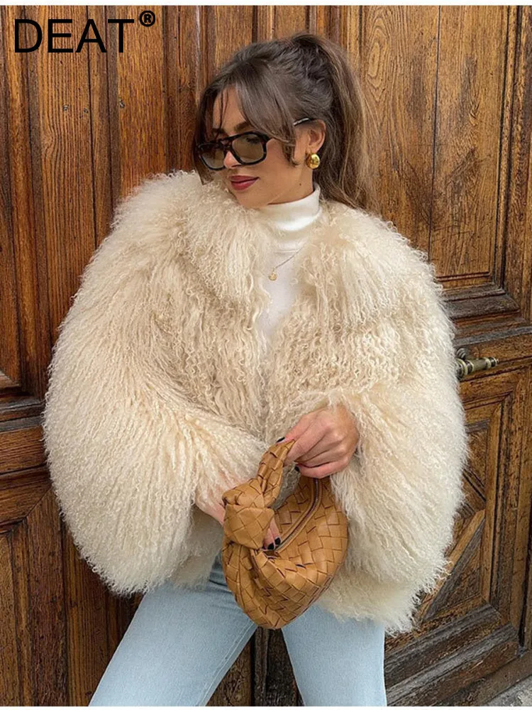 DEAT Fashion Apricot Faux Fur Coat For Women Short Style Imitation