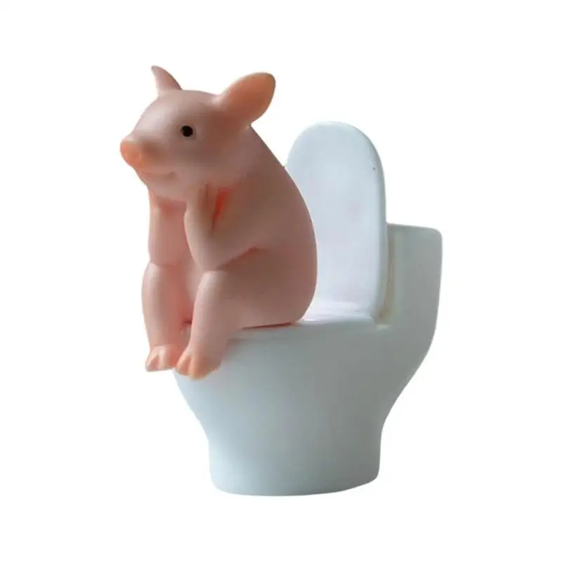 

Cute Animal Desktop Ornaments Cartoon Pig Sitting On Toilet Figure Miniature Animal Figurine Decoration Creative Toy For Kids