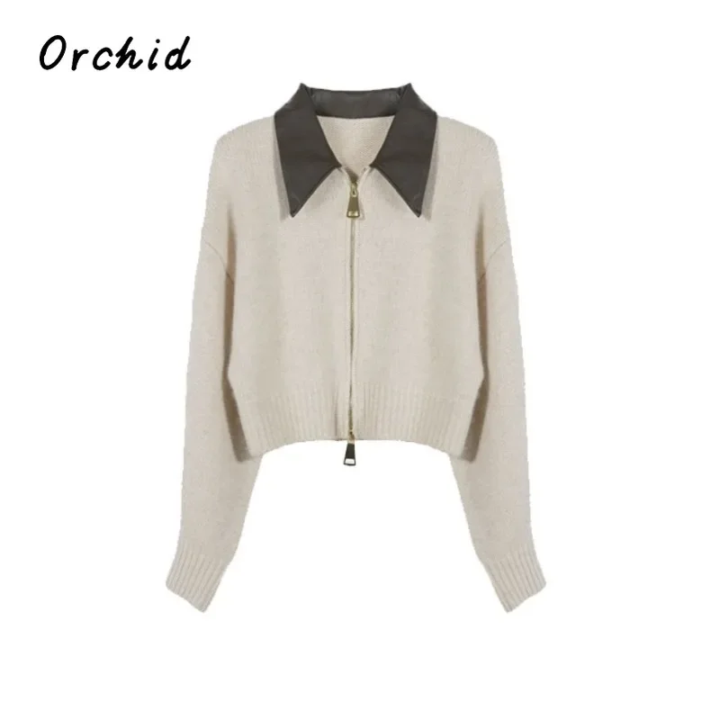 

Women's Solid Patchwork Shirt 2023 Autumn Winter Korean Simple Zipper Lapel Long Sleeve Knitted Top Female Y2K Casual Warm Top