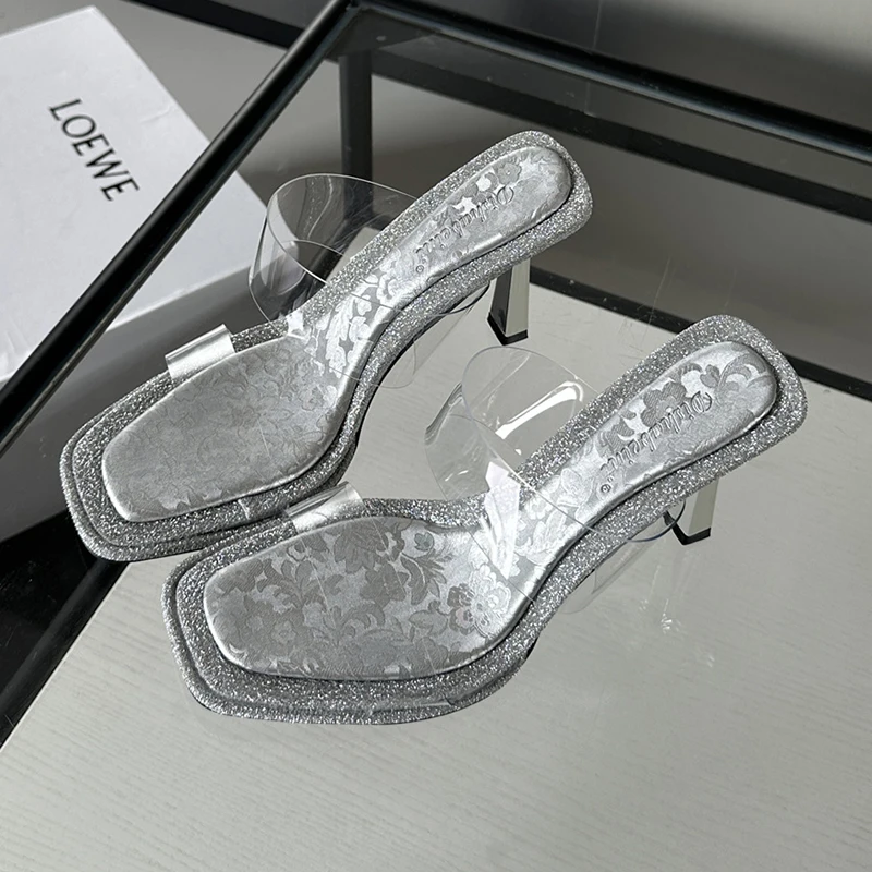 

Women's Slippers Ladies Stiletto Heels Elegant Summer Sandals Outside Cross Tied Leather Female Slides 2024 Fashion Woman Shoes